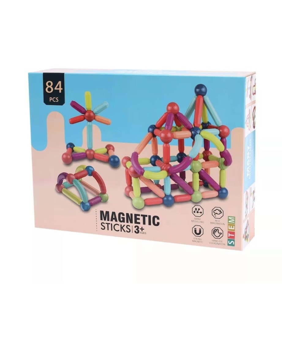 Joc constructii magnetice interactive, Magnetic Sticks STEM, 84 piese, Montessori - imagine 3