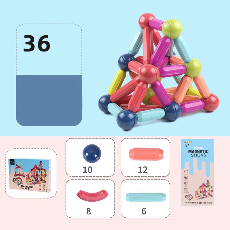 Joc constructii magnetice interactive, Magnetic Sticks STEM, 36 piese Montessori - imagine 6