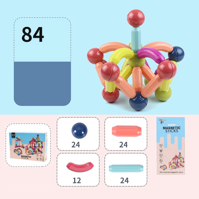 Joc constructii magnetice interactive, Magnetic Sticks STEM, 84 piese, Montessori - imagine 2